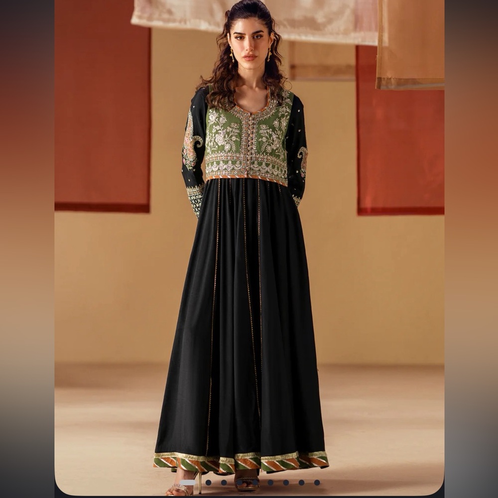 Ethnic Elegant Black and Green Embroidered Dress